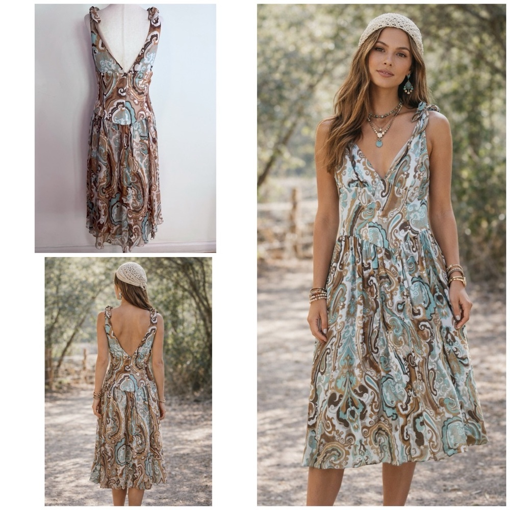 Trina Turk 100% Silk Paisley V neckline Boho Knee Length Retro Dress 4​​​​
